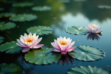 Delicate water lilies forming floral pattern on lake, aquatic, pattern, pretty