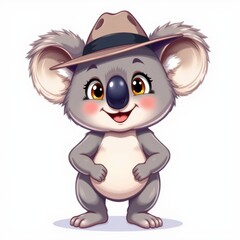 2D style, stylish koala, in a felt hat, clean white background
