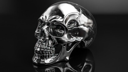 Shiny, metallic skull casts shadows, with intricate details and a reflective surface