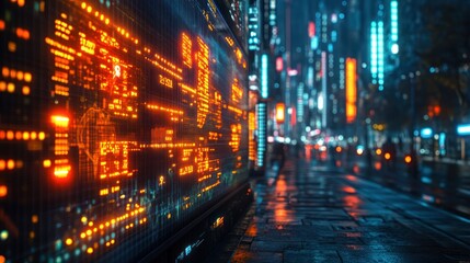 Obraz premium Cyberpunk Cityscape: Neon Lights and Digital Displays