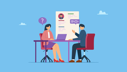 Vector illustration of HR interview new employee. Employment interview, business Job Interview concept. A young woman interviewer asking questions and a man, potensial employee answers them.