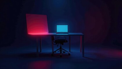 Empty chair in front of glowing laptop, dark background , dark, solitude, computer
