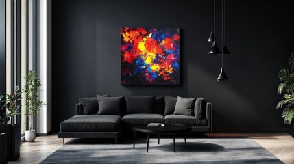 Abstract art on wall, modern living room, dark decor, home interior design