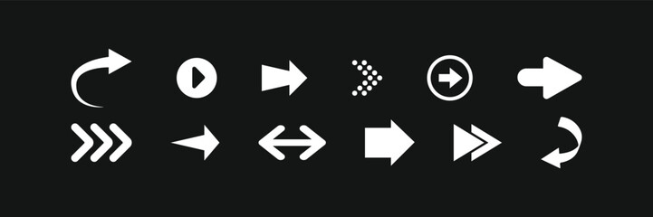 Arrow icon set. Arrow. Cursor. Collection different arrow signs. Black arrows icons. Different cursor arrow direction symbols in flat style. 