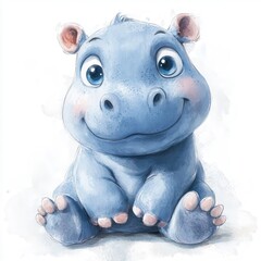 Adorable Baby Hippo Illustration Watercolor Style White Background