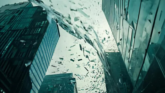 A striking city scene featuring modern glass buildings with papers swirling through the air, creating a sense of chaos and dynamic movement.