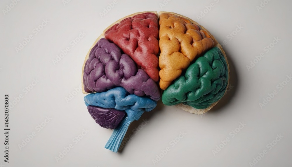 Poster colorful brain model showcasing different regions and functions for educational purposes in a classr