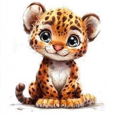 Fototapeta premium Adorable Cartoon Jaguar Cub with Big Eyes on White Background