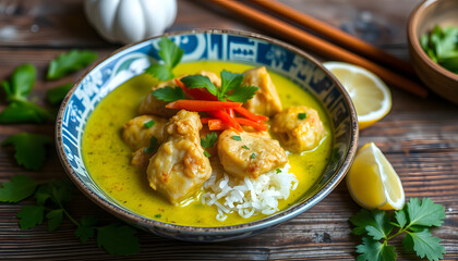Thai food chicken green curry on wooden background., colorful. with white shades