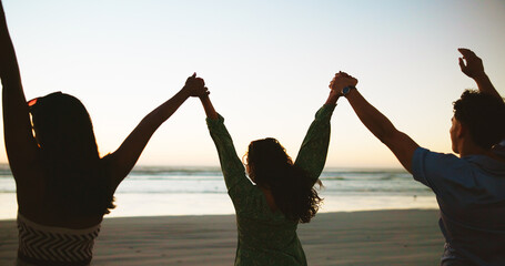 Holding hands, freedom and friends on vacation, beach and summer holiday for group in nature or outdoor. Ocean, bonding or back of people on getaway, water or together for reunion on trip in paradise