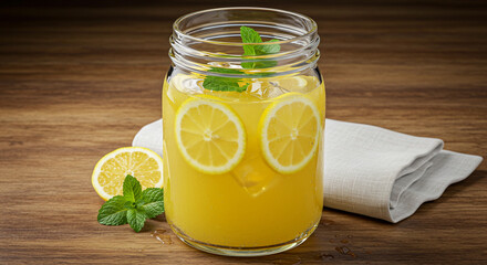 lemon juice in glass jar, slice, mint, water, lemonade, honey, lime, orange