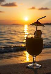 cocktail at the beach, tropical, sunset, alcohol, water, cold, orange, fruit, sky, 