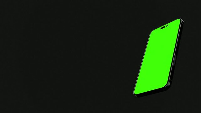 3d render of a smartphone with green screen moves from side to center, chroma key template on solid black background, motion graphics  realistic template video