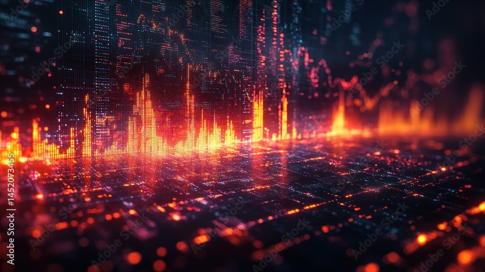 Poster digital metropolis: a fiery cityscape of data streams and glowing digital structures