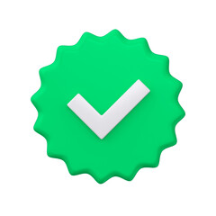 Front green check mark icon isolated. Verified or approved badge concept. 3d rendering