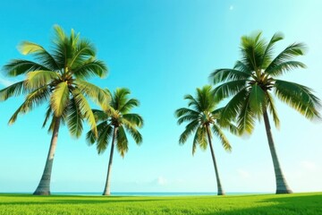 Serene coastal vista featuring lush green grass, tranquil ocean, and majestic palm trees swaying gently in a vibrant blue sky, creating a picturesque idyllic scene.