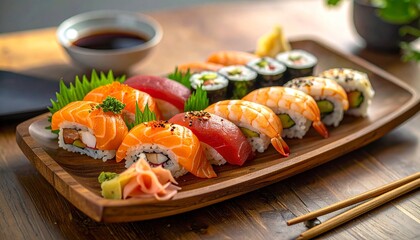 Assorted Japanese Sushi Rolls and Nigiri on Wooden Platter