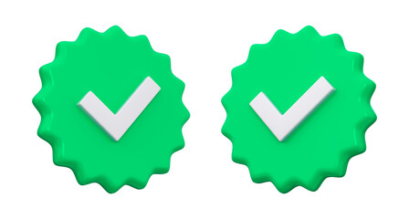 Set of two green check mark icon isolated. Verified or approved badge concept. 3d rendering