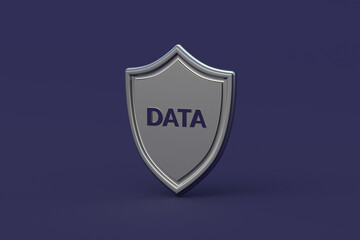 Data word on metal shield. Cyber security concept. Database protection. Confidentiality of correspondence. 3d render