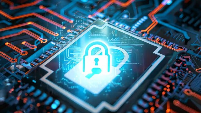 This image illustrates a microchip embedded in a circuit board with a padlock symbol, representing advanced digital security and data protection concepts in technology.
