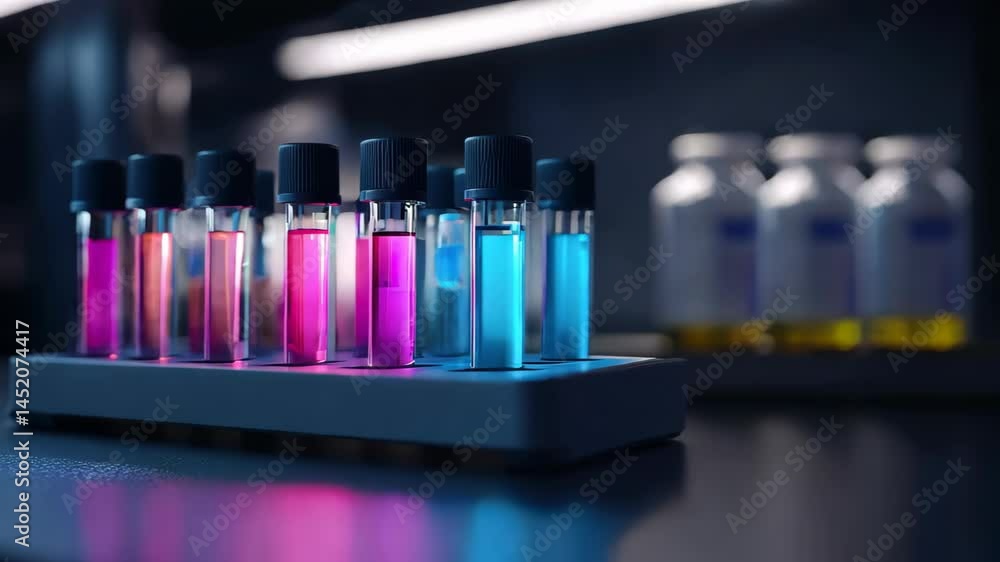 Poster a captivating display of colorful test tubes filled with vibrant liquids set against a modern labora