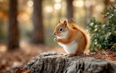 Obraz premium Forest squirrel snacks on stump