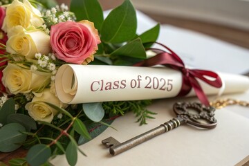 Class of 2025 Diploma with Flowers on Wooden Table