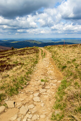Obraz premium A scenic hiking trail in the Bieszczady Mountains, lined with rocky terrain and lush grass. The view features distant hills under a partly cloudy sky, ideal for nature lovers.