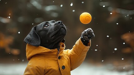 A playful black dog in a yellow raincoat eagerly catches a bright orange ball while snowflakes fall gently around it in a serene outdoor setting