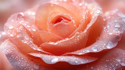 Close-up of a vibrant peach rose with raindrops highlighting its delicate petals and intricate details in soft lighting