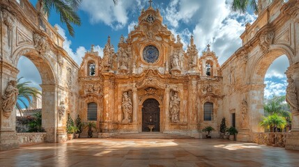 Obraz premium Ornate church facade, sunlit courtyard