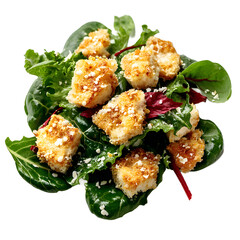 A fresh and appetizing salad with crispy fried goat cheese cubes on a bed of vibrant mixed greens is presented against a bright, clean white background for lunch.