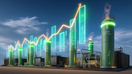 A futuristic green hydrogen refinery with glowing digital growth charts above storage tanks, symbolizing clean energy investment, sustainability, and economic growth in renewable industries.