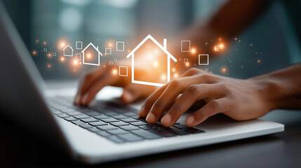 Hands typing on a laptop with glowing house icons, symbolizing online real estate services, property search, and the digital transformation of the housing market.