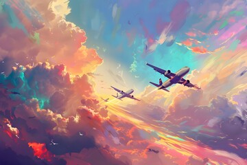 Naklejka premium Airplanes Soar Through Vivid Sunset Cloudscapes: A Journey Above the World with Breathtaking Hues and Dramatic Skies, Witnessing the Majesty of Flight.
