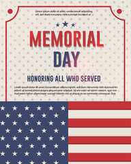 Memorial Day honoring all who served, with a National American flag poster, banner design vector illustration.