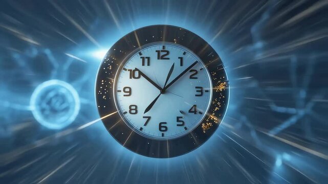 Time flies backwards into the past. Timelapse clockface going backwards back in time and zooms away from the camera with a timelapse.  Spiral Clock - The Flow Of Time - Dark, Blue, Turquoise neon
