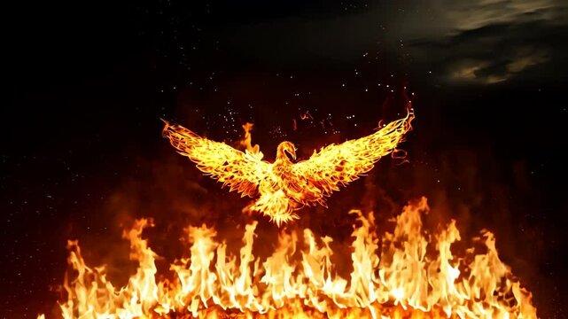 A stunning depiction of a phoenix emerging from vibrant flames, symbolizing rebirth and transformation. The fiery display creates dynamic energy and deep emotion.