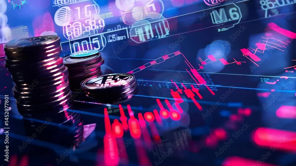 Poster a visually striking image showcasing coins in front of vibrant trading charts, emphasizing the dynam