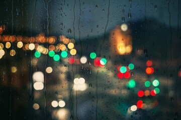 raindrops on the window and multi colored street lights at night background