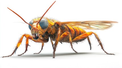 Extreme closeup detailed view of a vibrant orange and yellow wasp like insect showcasing its intricate anatomy including compound eyes antennae mandibles abdomen and wings