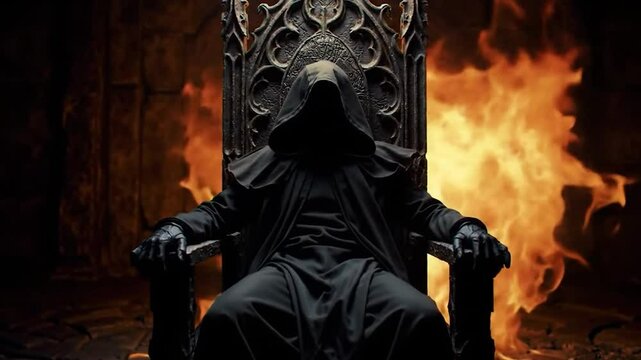 Mysterious Character Seated on Throne Amidst Flames