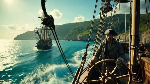 A rugged pirate stands confidently on the deck of a weathered ship, with a tattered flag billowing in the wind. 