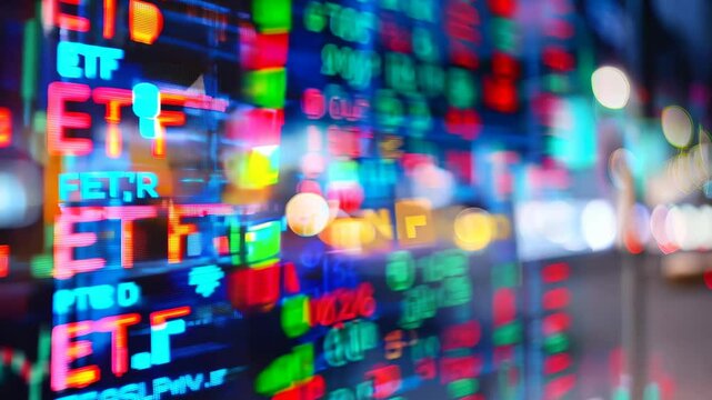 Dynamic display of stock market information with vibrant colors and numbers. Ideal for conveying themes of finance, investment analysis, and market trends.