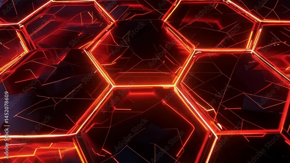 Poster stunning abstract hexagonal pattern featuring glowing red and orange lines. this modern design creat