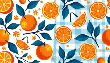 Fototapeta premium orange-pattern-citrus-fruits-leaves-plaid-background-design-illustration
