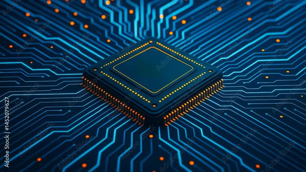 Poster futuristic microchip surrounded by glowing energy ring and circuit board lines. ideal for ai, data p