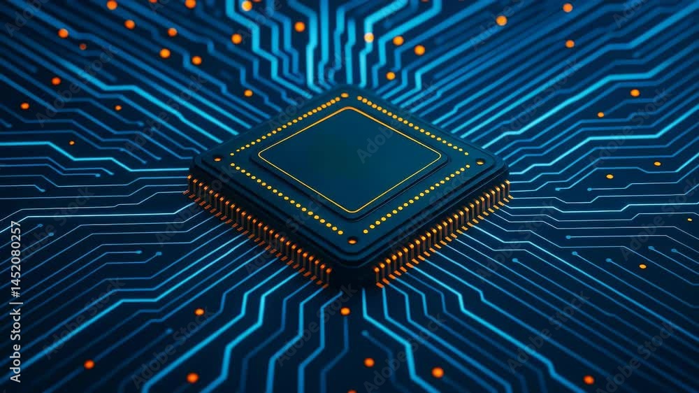 Poster futuristic microchip and glowing circuit board. perfect for technology, ai, data processing, and com