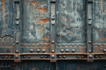 Photo of Side view of rust metal wall of railway wagon side part. Background texture for backdrops or mapping