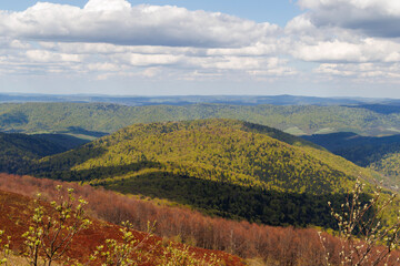 Vast panoramic view of Bieszczady Mountains showcasing rolling green hills and vibrant forest landscapes under a bright sky with scattered clouds. Ideal for travel and nature themes.